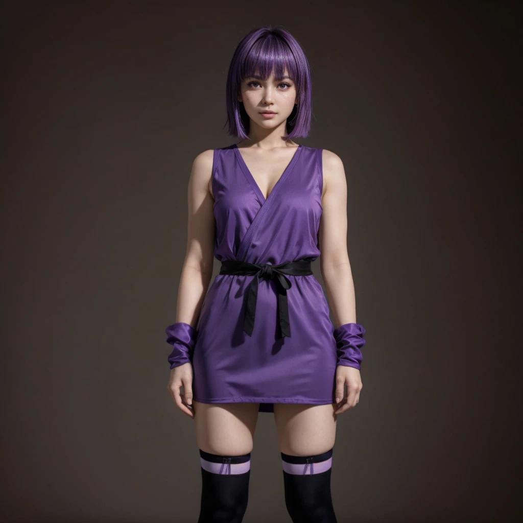 Ayane, cabelo roxo, (melhor qualidade, ultra-detalhado), (realista:1.37), rosto lindo e detalhado, ultra-realista texture, rosto delicado, corpo delicado, batom vermelho, cores brilhantes. High definition, 8K, pernas bem definidas