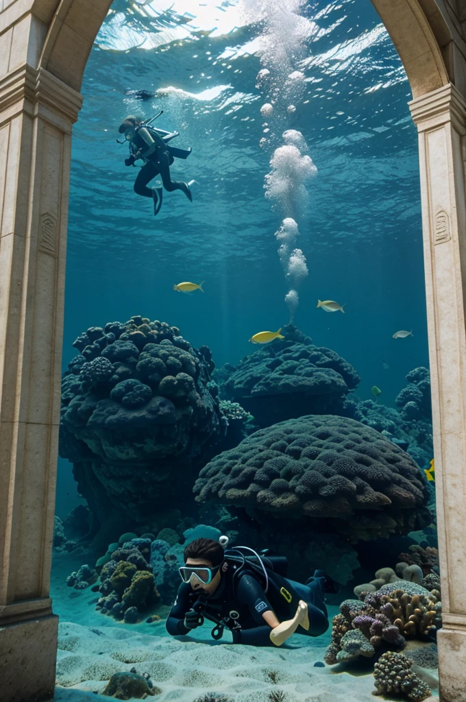 Scuba diver swims under the sea behind the mosque
