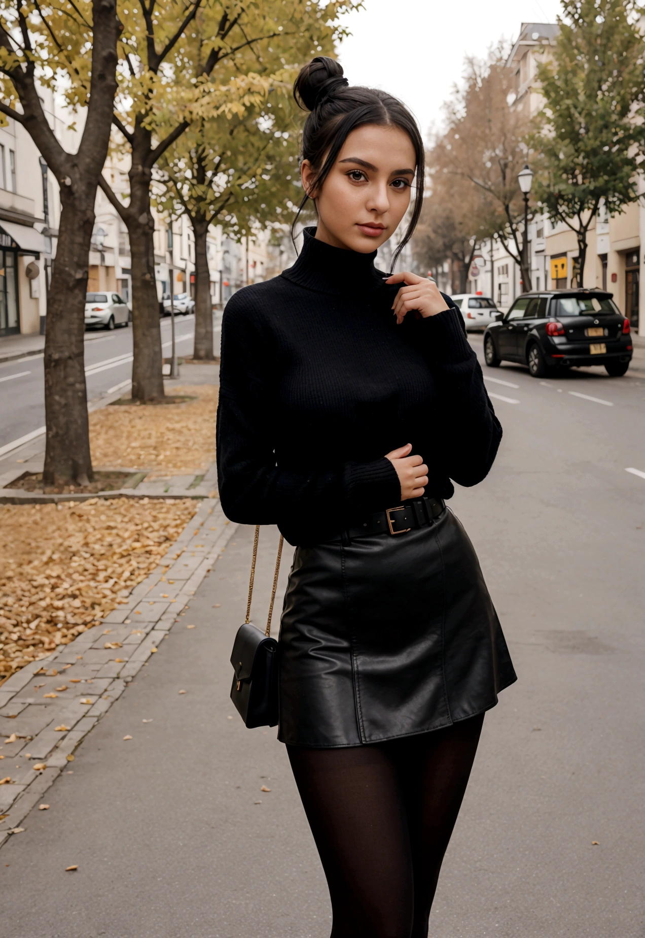 ((RAW), a photo of a young girl, 25 years old, leather mini skirt, belt, handbag, loose sweater, (pantyhose), long pantyhose, black pantyhose, Realism, bun hair, a very nice photo, standing and posing to camera, in the street, winter style, (autumn:1.5), bracelets, heels, photo, full body pose in front of camera, ((Real Photo)), in the Turkey, İstanbul Autumn, black hair, bun hair, top knot, photo of a beautiful girl