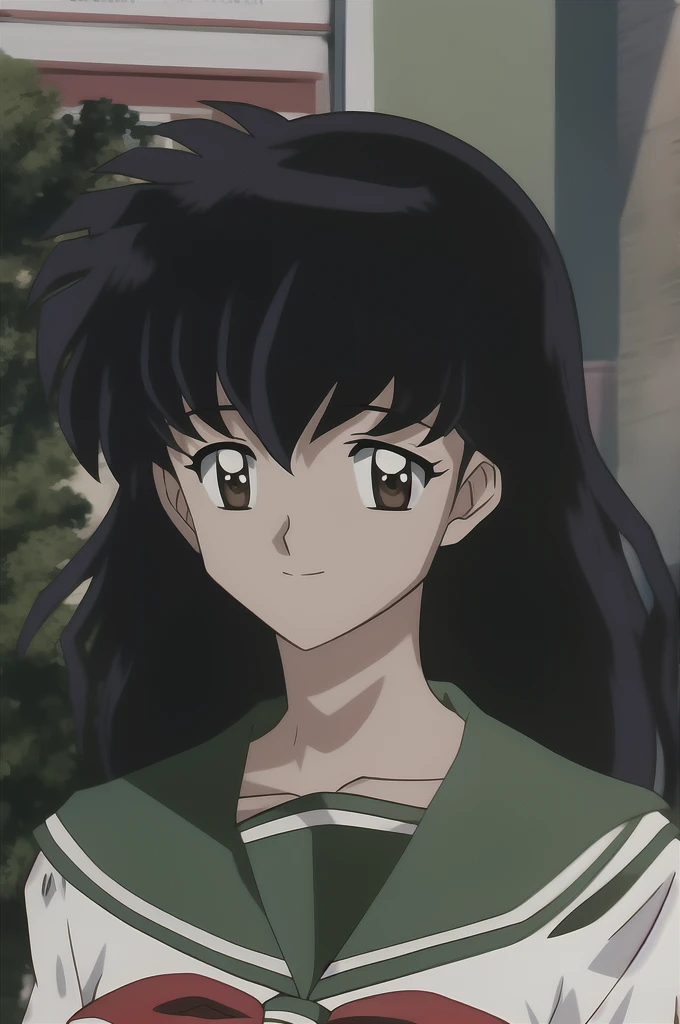 kagome, 1girl, solo, long_hair, looking_at_viewer, smile, short_hair, bangs, shirt, black_hair, hair_between_eyes, brown_eyes, closed_mouth, school_uniform, collarbone, upper_body, outdoors, serafuku, sailor_collar, light_smile, portrait, close-up, style_parody, official_style, green_sailor_collar