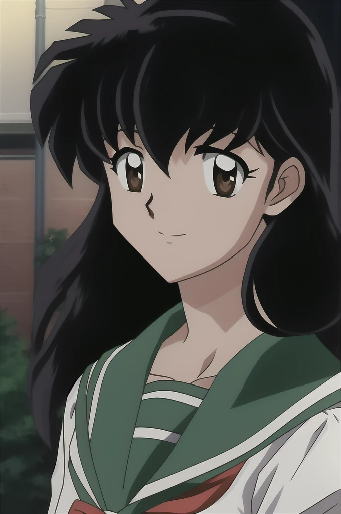 kagome, 1girl, solo, long_hair, looking_at_viewer, smile, short_hair, bangs, shirt, black_hair, hair_between_eyes, brown_eyes, closed_mouth, school_uniform, collarbone, upper_body, outdoors, serafuku, sailor_collar, light_smile, portrait, close-up, style_parody, official_style, green_sailor_collar