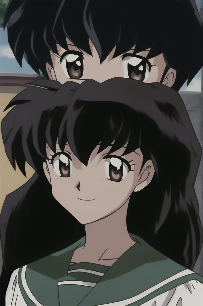 kagome, 1girl, solo, long_hair, looking_at_viewer, smile, short_hair, bangs, shirt, black_hair, hair_between_eyes, brown_eyes, closed_mouth, school_uniform, collarbone, upper_body, outdoors, serafuku, sailor_collar, light_smile, portrait, close-up, style_parody, official_style, green_sailor_collar