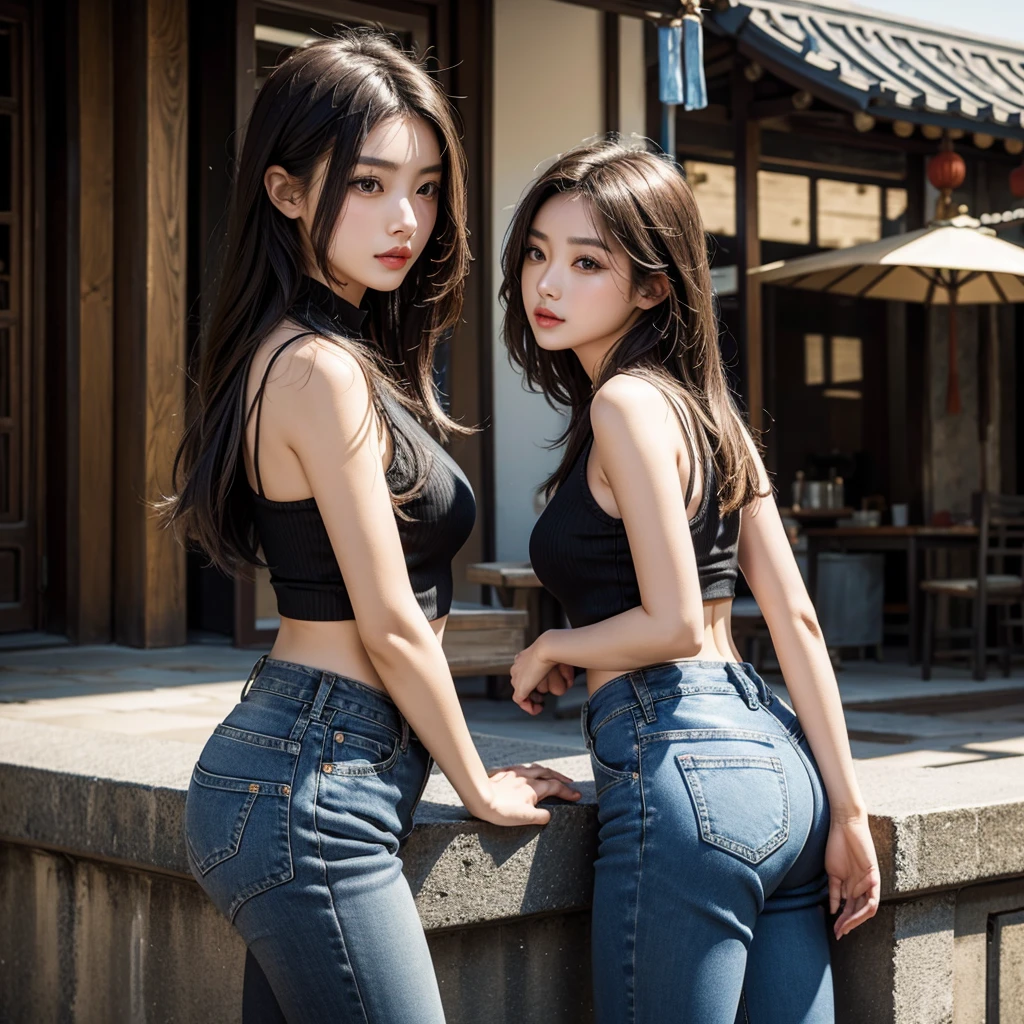 Beautiful chinese girl, wearing black denim crossback, leaning
