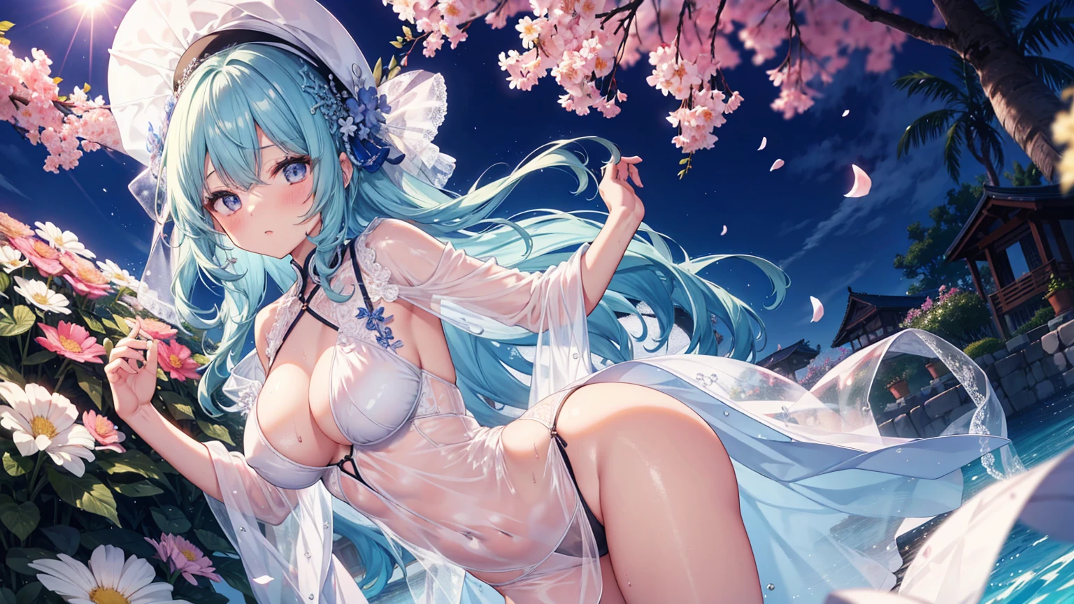 In the garden full of flowers, in the sun, 穿着花裙子的小女孩正在跳舞缅甸姑娘Big Ass缅甸连衣裙花卉非常详细, Soft light glow effect, Feeling, Beautiful hair sexy transparent white colonial style dress, Perfect body, Clear chest, Well-defined collarbone, Surreal, lifelike, detailed, Perky transparent nipples, Wet clothes(whole body:1.1),cross,Holy,best quality,Large Breasts,Big Ass,No underwear