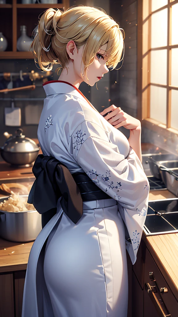 masterpiece, high quality, 4K, Beautiful design, silhouette，blonde， Very detailed，kitchen， wonderful, Finer details,  Very knowledgeable woman, Very detailedなソロ, 1 female,Big Breasts，Butt，Underwear Line，Yukata in white color，cooking，