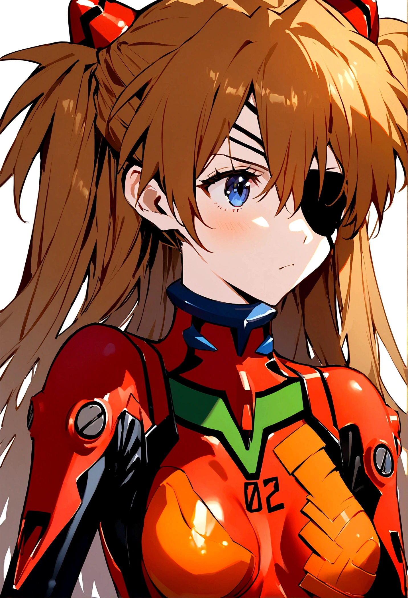 best quality, masterpiece, bodysuit, evangelion:_3.0_you_can_(not)_redo, (eyepatch), white_background, looking_away, 1girl, rebuild_of_evangelion, hair_ornament, red_bodysuit, solo, closed_mouth, neon_genesis_evangelion, souryuu_asuka_langley, simple_background, covered_collarbone, two_side_up, plugsuit, upper_body