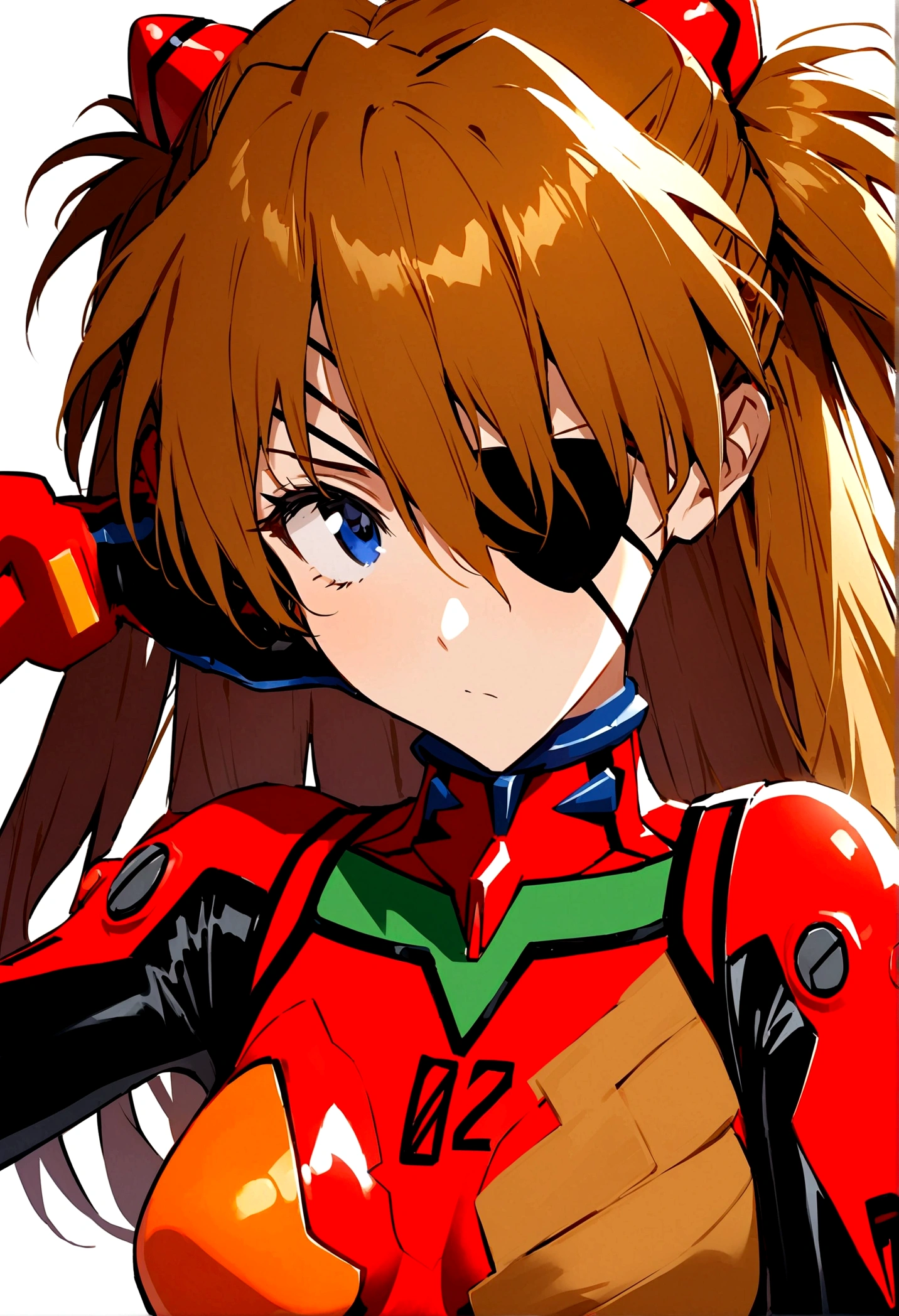 best quality, masterpiece, bodysuit, evangelion:_3.0_you_can_(not)_redo, (eyepatch), white_background, looking_away, 1girl, rebuild_of_evangelion, hair_ornament, red_bodysuit, solo, closed_mouth, neon_genesis_evangelion, souryuu_asuka_langley, simple_background, covered_collarbone, two_side_up, plugsuit, upper_body