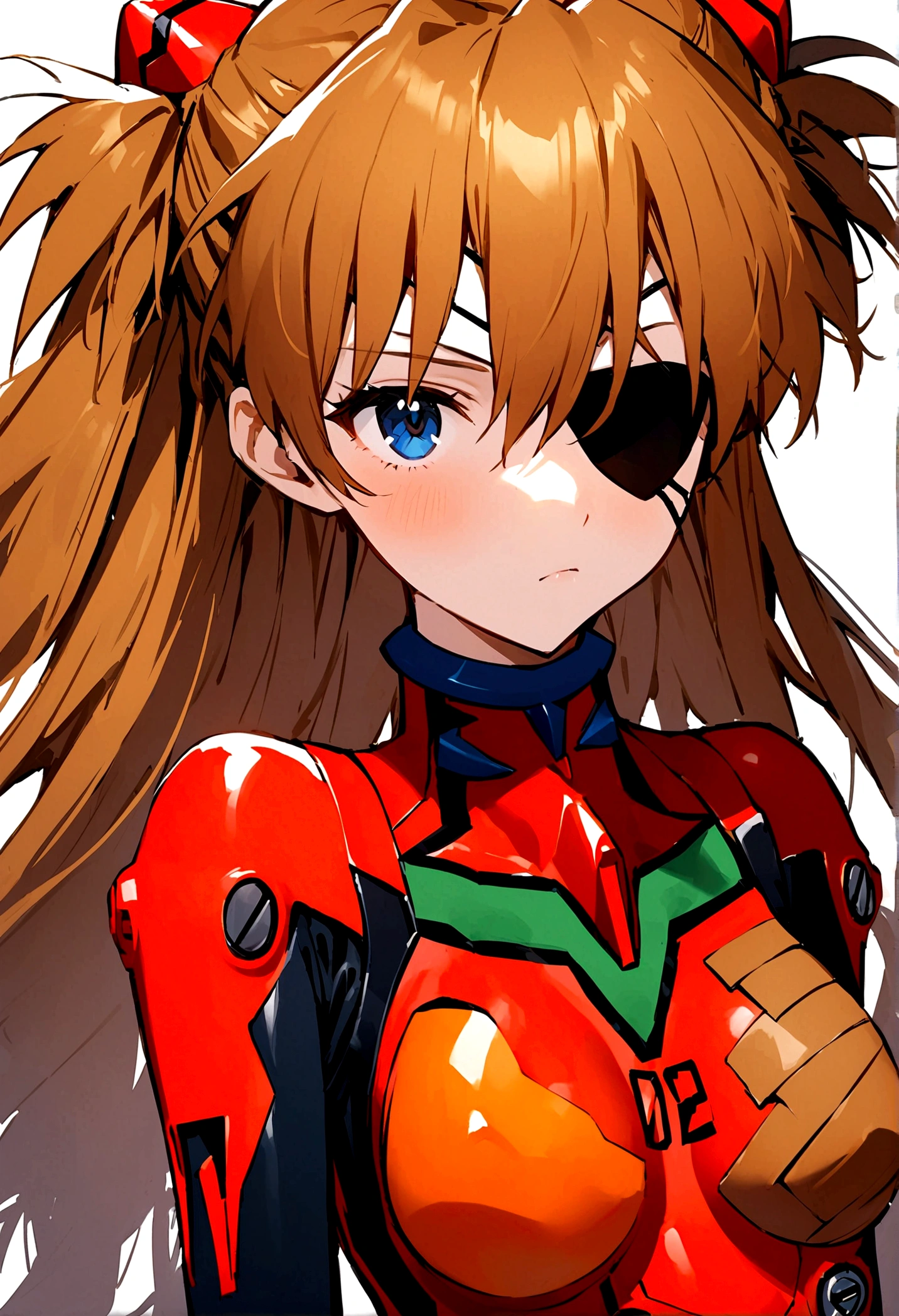 best quality, masterpiece,  bodysuit, evangelion:_3.0_you_can_(not)_redo, (eyepatch), white_background, looking_away, 1girl, rebuild_of_evangelion, hair_ornament, red_bodysuit, solo, closed_mouth, neon_genesis_evangelion, souryuu_asuka_langley, simple_background, covered_collarbone, two_side_up, plugsuit, upper_body