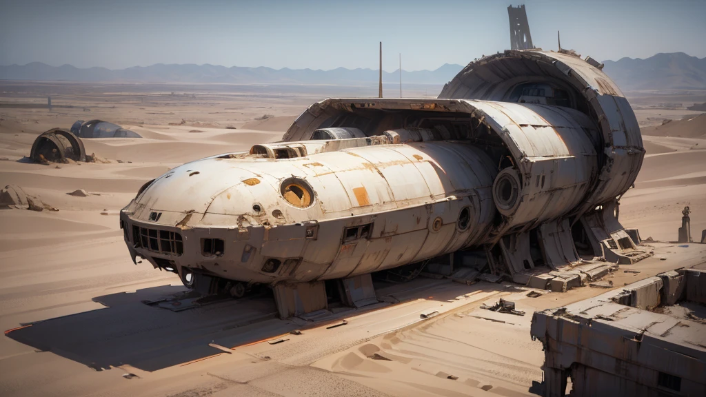 space aircraft, space ship, starship, desert, abadoned ship, disaster ship, abadoned structure, oval aircraft, covered by sand, covered by dune