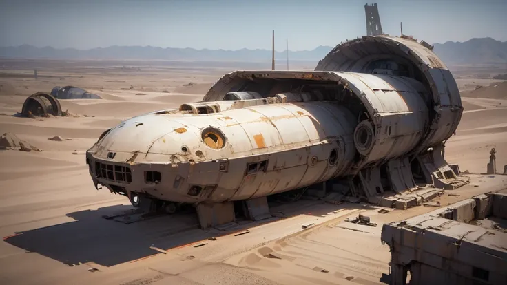 space aircraft, space ship, starship, desert, abadoned ship, disaster ship, abadoned structure, oval aircraft, covered by sand, ...