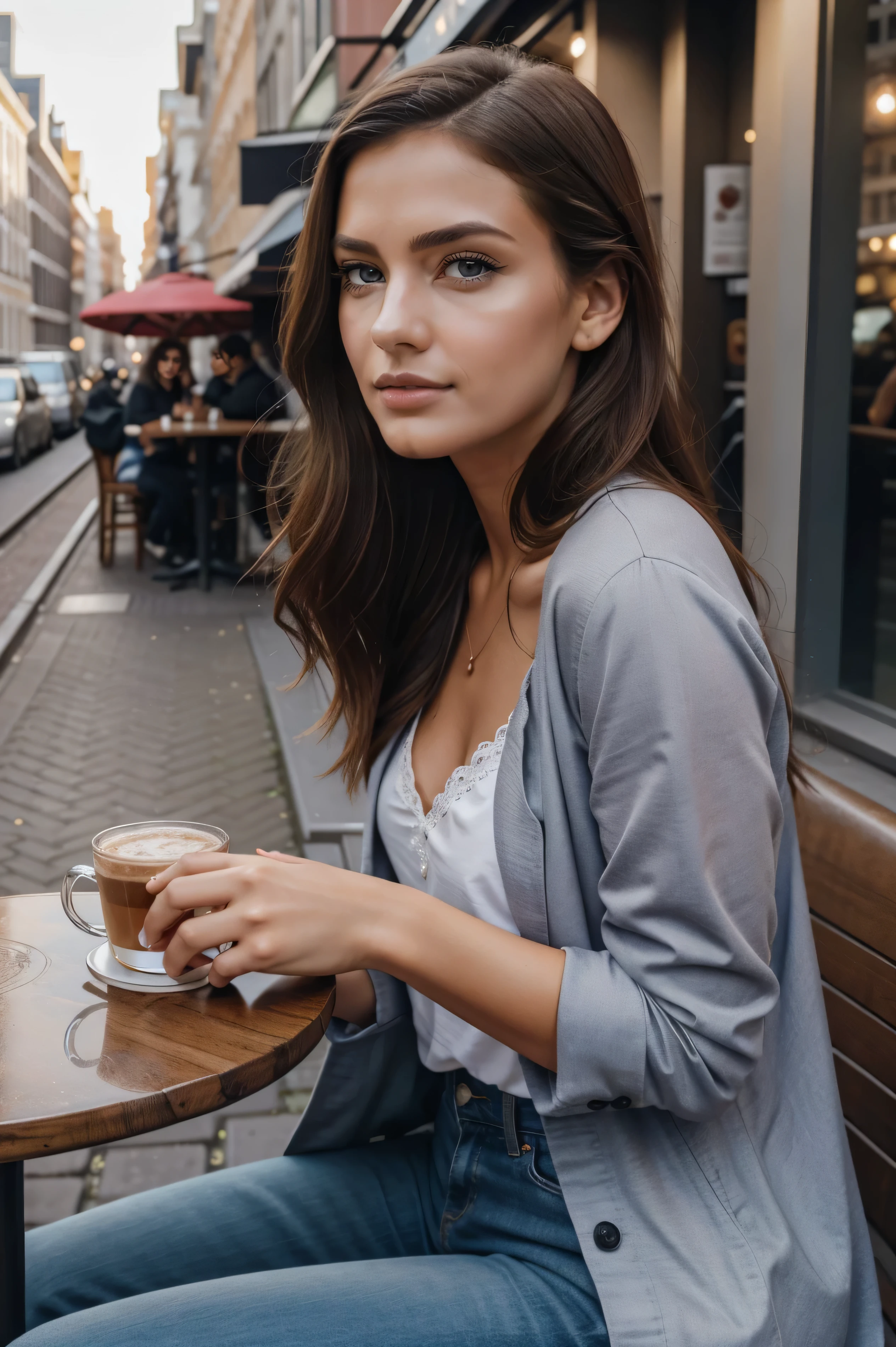 Les mannequins Instagram posent à New York, dans des vêtements modernes, sitting in a cafe&#39;exterior in Amsterdam, tout le corps, beaux yeux detaileds, lèvres magnifiquement detailedes, yeux et visage extrêmement detaileds, court, belle rose Haar ((best quality)), ((Chef-d&#39;artwork)), (detailed), visage parfait, tout le corps, Look to the side