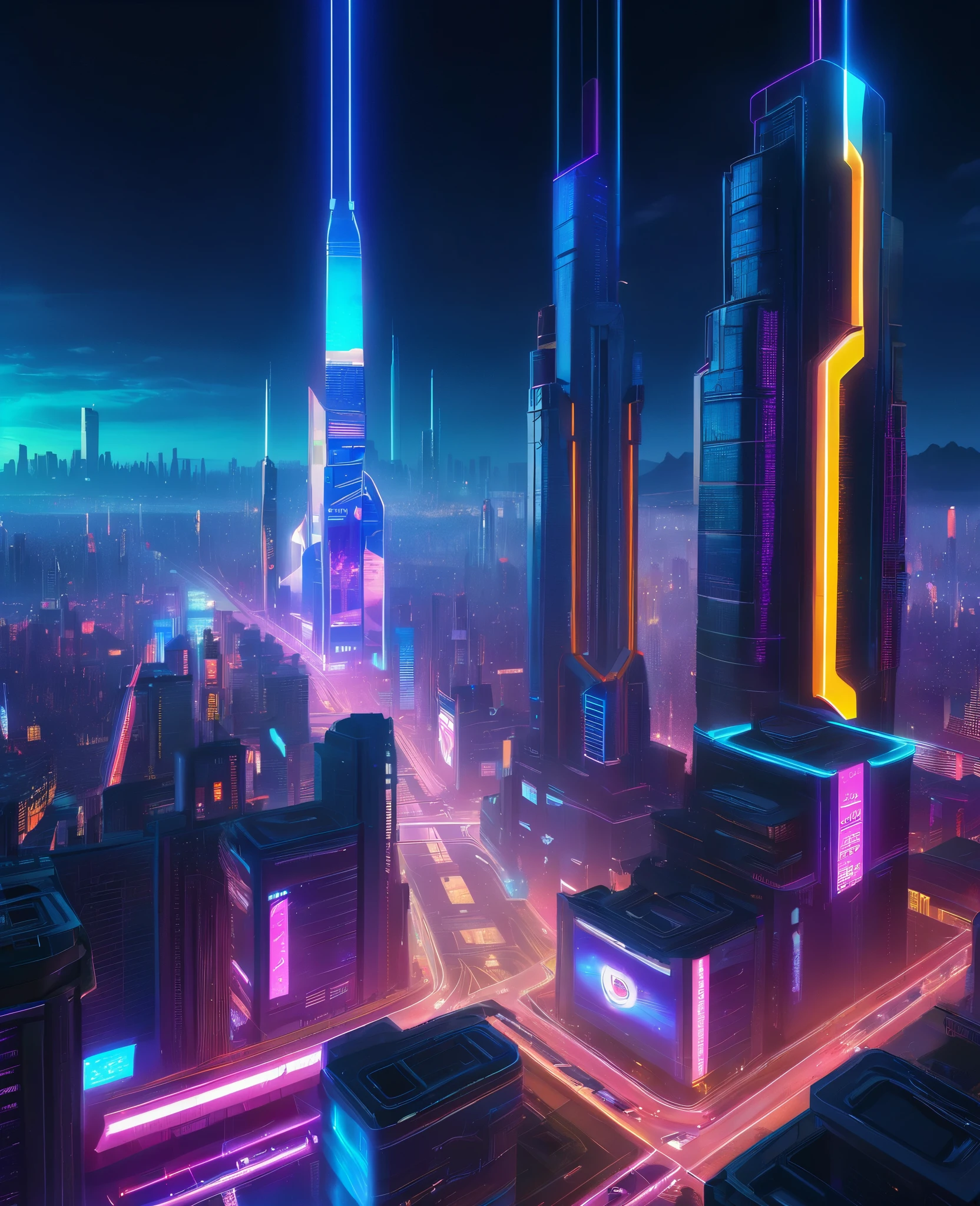 vast network metropolis. neon light,Built-in LED light. A mix of ancient legends and visions of the future., Great location,Has a city view, (充满活力的neon light:1.5), (digital painting:1.25), (4K:1.2). environment: Panoramic view of the city,horizon."