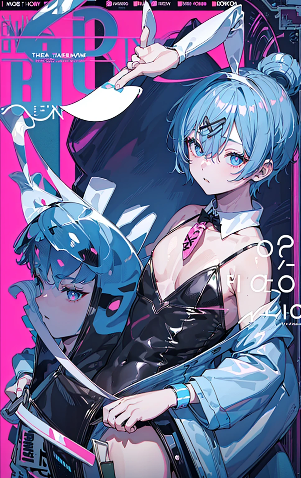 ((1boy)), hair ornament, blue hair, rabbit ears, playboy bunny, (Boy Messy Japanese Round Haircut for Thick Hair), bangs, leotard, blue eyes, detached collar, pink background, simple background, (solo)), (magazine:1.3), (cover-style:1.3), fashionable, (masterpiece, best quality, high quality, highres, ultra-detailed)