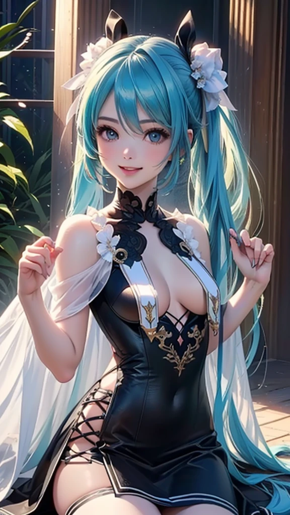 anime girl with long blue hair and a white dress, hatsune miku, miku, portrait of hatsune miku, hatsune miku portrait, vocaloid, pixiv, pixiv 3dcg, zerochan art, mikudayo, pixiv style, pixiv contest winner, hatsune miku short hair, digital art on pixiv, 1girl, dress, solo, flowing hair, floating hair, ornament hair, perfectly body, perfectly hands, on garden, petals, centered girl, black dress, more details on her clothes, dress with transparency, golden details, daylight, smiling, cape, ((4k, masterpiece, top-quality)),8k, best quality, high resolution, HD, (illustration:0.8), super cute girl, delicate and beautiful face, mature girl, super cute hairstyle, (beautiful detailed eyes:1.6), extremely detailed face, perfect lighting, extremely detailed CG, (perfect hands, perfect anatomy), Best quality, cleavage, small skirt, full Body, two arms, two legs, two hands, five fingers