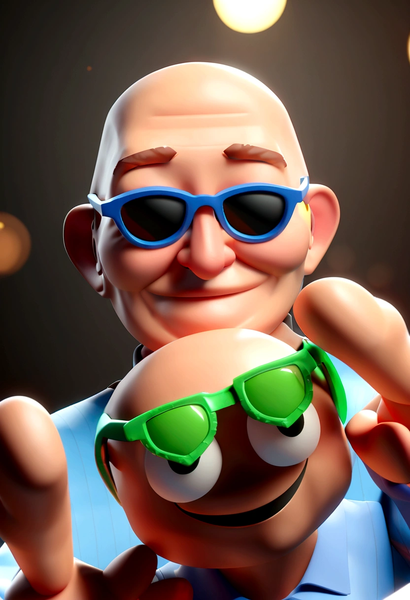 Cartoon character of a man in sunglasses and blue shirt, animation character, Caractere estilizado, animation style rendering, 3D estilizado, Arnold Maya rendering, Stylized 3D rendering, toon render screenshot, Personagem 3D, Personagem 3D, Stylized 3D rendering, 3D character rendering, personagem de desenho animado, Personagem de close up, Pose de personagem,  (Estilo Pixar) (parte mestre:1.2) (bokeh) (melhor qualidade) (pele detalhada) (textura detalhada) (8K) (argila) (cinematic lighting) (sharp focus