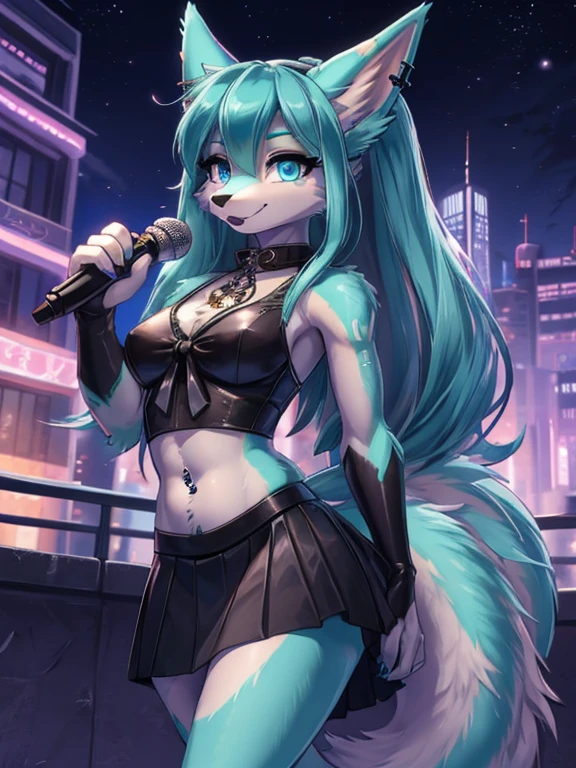 Chica anime,tennage girl 18 years old, anime style, cute hatsune miku x suicune, shy girl , Orejas de Kitsune, arte de dark natasha, city landscape, arte de vixen aztra, cuerpo completo, patas hermosas, cintura delgado, caderas amplias, navel blouse, black skirt, navel piercing, ear piercing, navel tattoo, atrevid pose, back pose, fluffly tail, sensual eyes (la mejor definicion) long hair, black flash, city party, city night life, party girl, idol girl, girl with microphone singing, deep blue eyes (HD), back pose