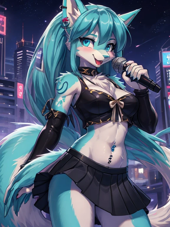Chica anime,tennage girl 18 years old, anime style, cute hatsune miku x suicune, shy girl , Orejas de Kitsune, arte de dark natasha, city landscape, arte de vixen aztra, cuerpo completo, patas hermosas, cintura delgado, caderas amplias, navel blouse, black skirt, navel piercing, ear piercing, navel tattoo, atrevid pose, back pose, fluffly tail, sensual eyes (la mejor definicion) long hair, black flash, city party, city night life, party girl, idol girl, girl with microphone singing, deep blue eyes (HD), back pose