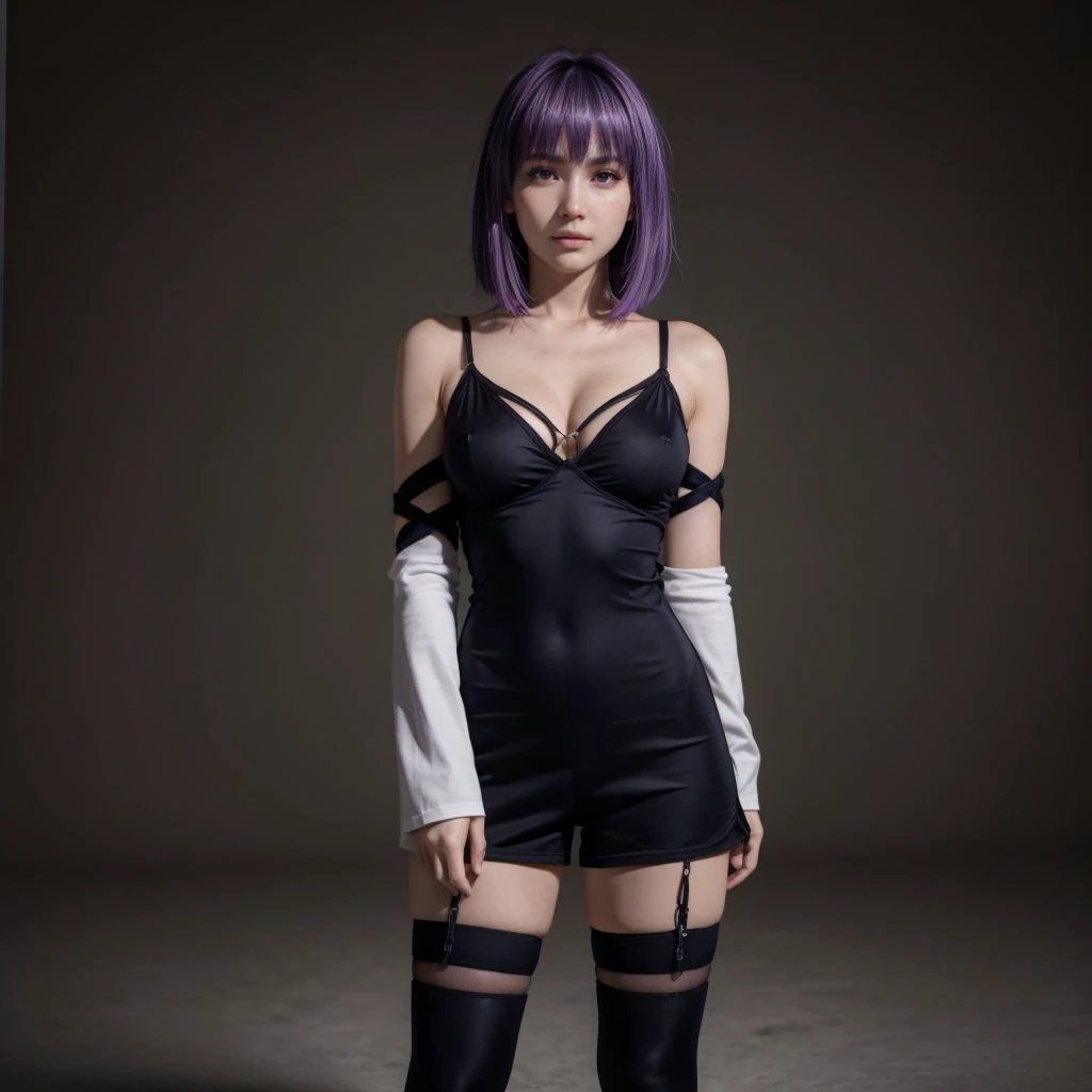 Ayane, cabelo roxo, (melhor qualidade, ultra-detalhado), (realista:1.37), rosto lindo e detalhado, ultra-realista texture, rosto delicado, corpo delicado, batom vermelho, cores brilhantes. High definition, 8K, pernas bem definidas