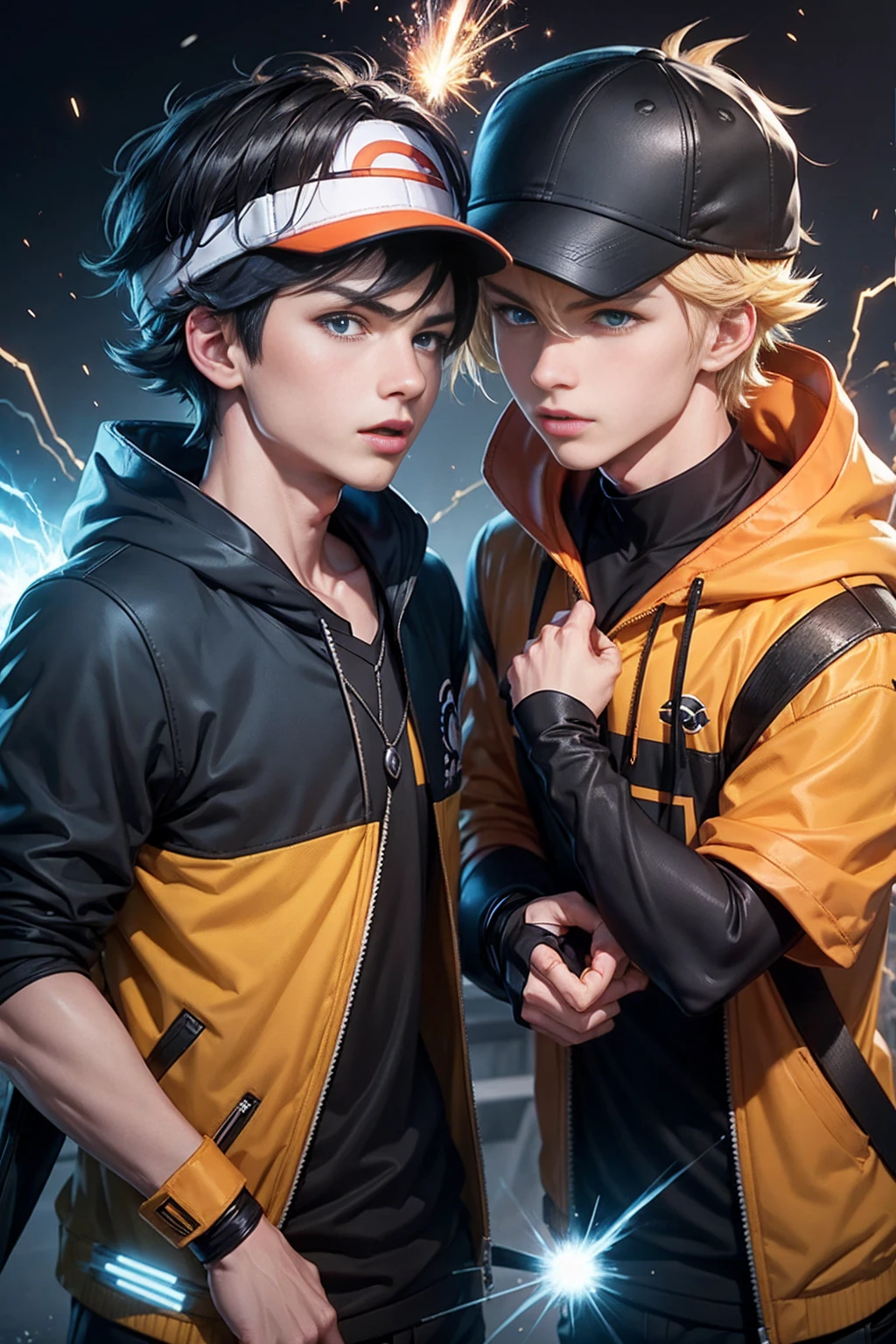 lick neck, suck the neck,   tongue, teeth, Nibble on neck, neck , neck focus, BoyB, BoyA,  (SparkGO:1.3), spark \(pokemon\), spark(pokemon), 2boys, high quality, best quality,   spark \(pokemon\), spark(pokemon), male protagonist \(pokemon go\), male protagonist(pokemon go),   male protagonist \(pokemon go\)_Uniform, spark(pokemon)_Uniform, Only one male wears a hat,(Only men with black hair wear hats.),  blonde hair boy,  black hair boy} , eyeball, BREAK
 BoyB: {Boy B, spark \(pokemon\), spark(pokemon), necklace, blue eyes, blonde hair, blue eyes, gloves, jacket, black jacket, orange gloves, orange sleeveless hoodie, spark(pokemon)_Uniform,  no wearing hat Blond boy, no wearing hat} BREAK
BoyA: {Boy A, male protagonist \(pokemon go\), male protagonist(pokemon go),  male protagonist \(pokemon go\)_Uniform, visor cap, black visor cap, short hair, black hair} BREAK