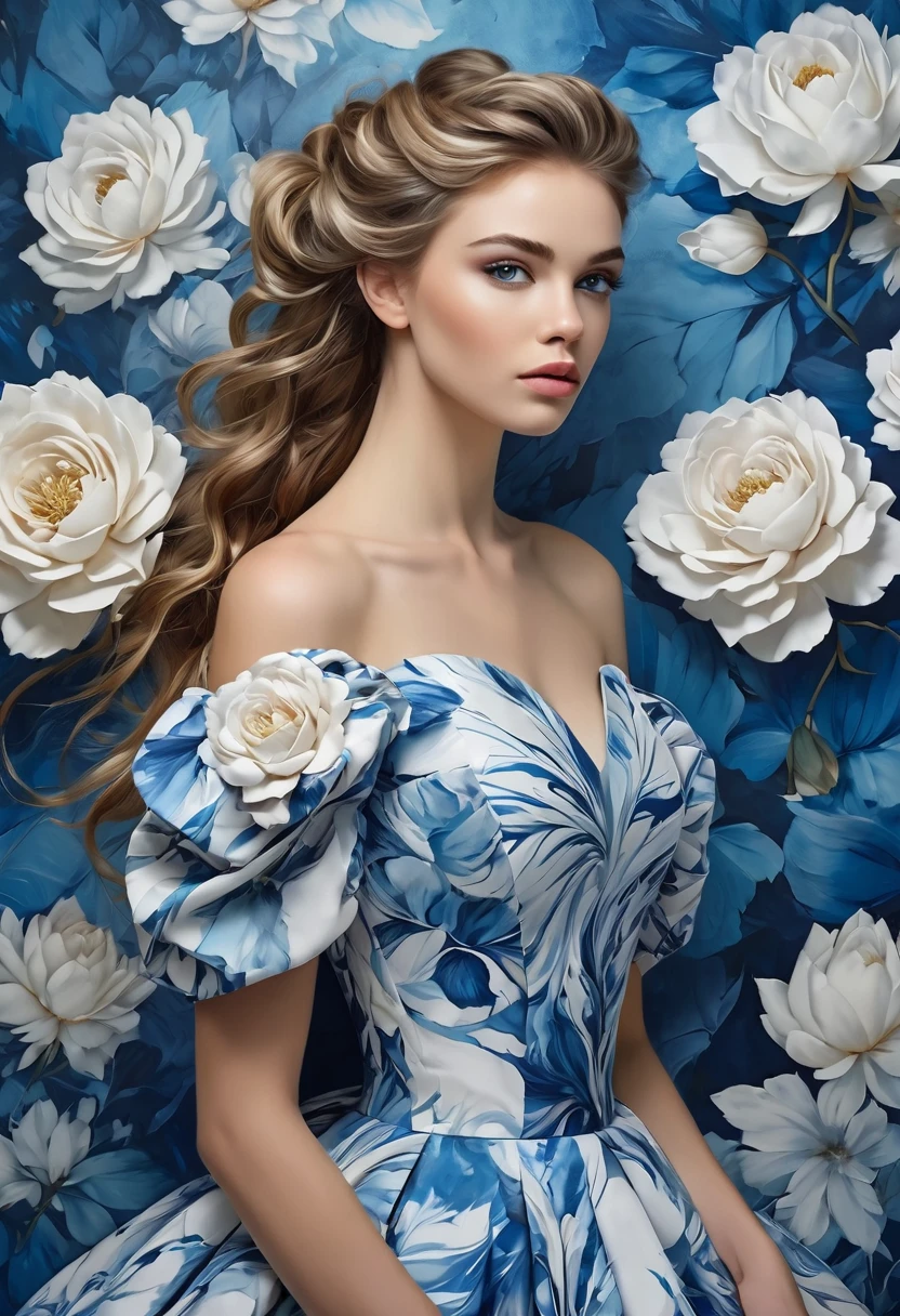 Beautiful woman wearing a ball gown, marbling, blue and white, Brooke Shaden and Harrison Fisher, perfect face, elegant hairdo, highly detailed, flower background