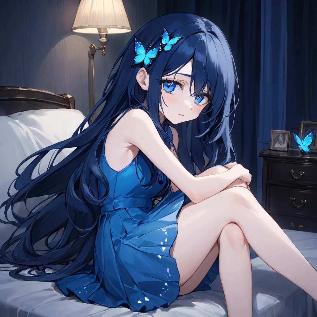 A beautiful with white skin, dark blue eyes, long dark blue hair, wearing a blue dress,Wearing a short blue skirt, wearing a blue butterfly-shaped hair clip.At night sitting in the room hugging his legs, staring blankly without the slightest smile, almost crying, stressed