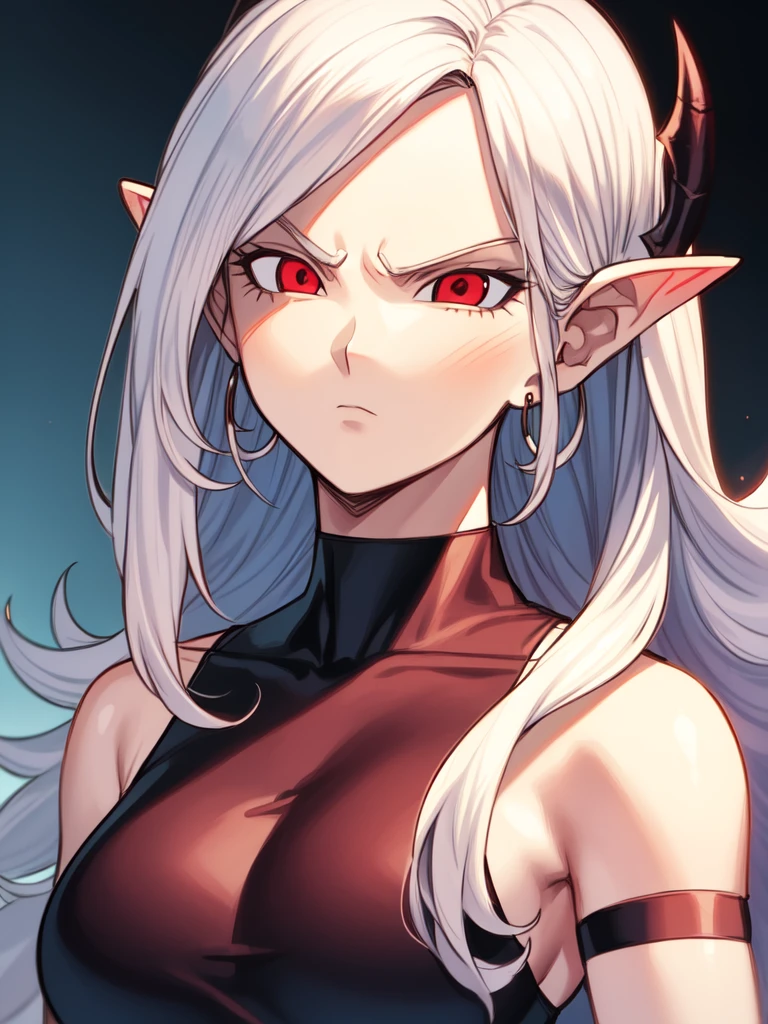 ((red skin)), ((in the artstyle of Dragon Ball Z), ((long ears)), ((curvy body)), ((long hair)), ((white hair)), ((red eyes)), ((serious expression)), (demonic clothing)), ((demon woman)), ((complementary colors)), ((mature female)), 1girl, beautifully drawn, high resolution illustration, best quality, High definition, ((detailed anime sketch)), Masterpiece, (solo), absurdres, portrait, ((upper body)), detailed background, fine detail, female focus, HDR,