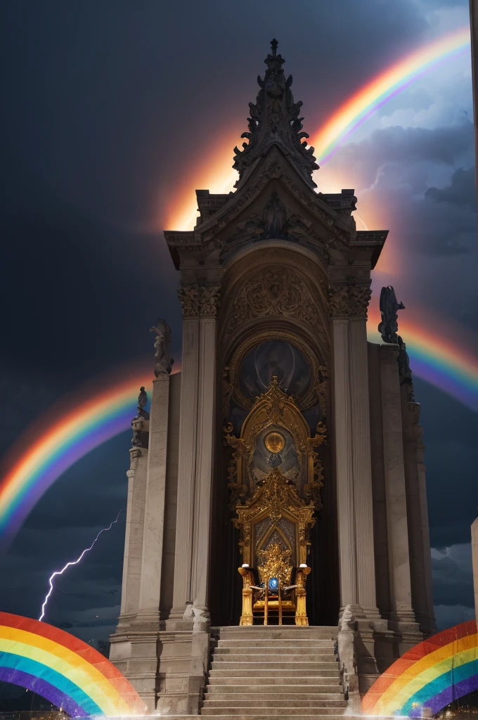 Throne in the sky with rainbow around the throne,lightning and thunder came from the throne, and before the throne 7 lamps of fire