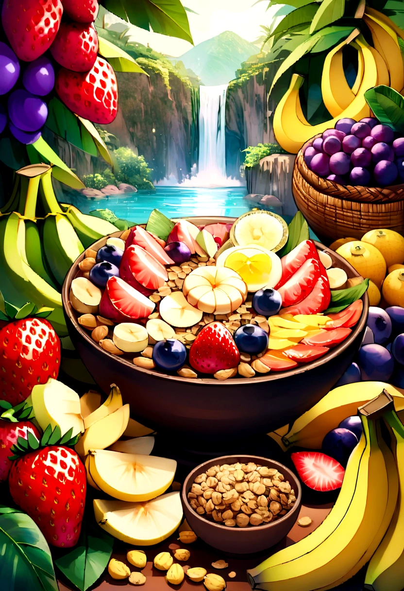 Focus on Acai Bowl、Vibrant digital illustrations of traditional landscapes from the state of Pará。, Popular dishes in northern Brazil. Illustrations must be in a semi-realistic or 3D style. Creamy Acai Berry. Surrounded by a variety of fruits, banana, strawberry, milti, Granola. Capture the vivid colors and textures of your items