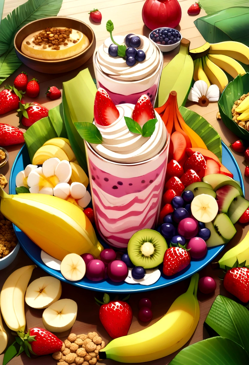 Focus on Acai Bowl、Vibrant digital illustrations of traditional landscapes from the state of Pará。, Popular dishes in northern Brazil. Illustrations must be in a semi-realistic or 3D style. Creamy Acai Berry. Surrounded by a variety of fruits, banana, strawberry, milti, Granola. Capture the vivid colors and textures of your items