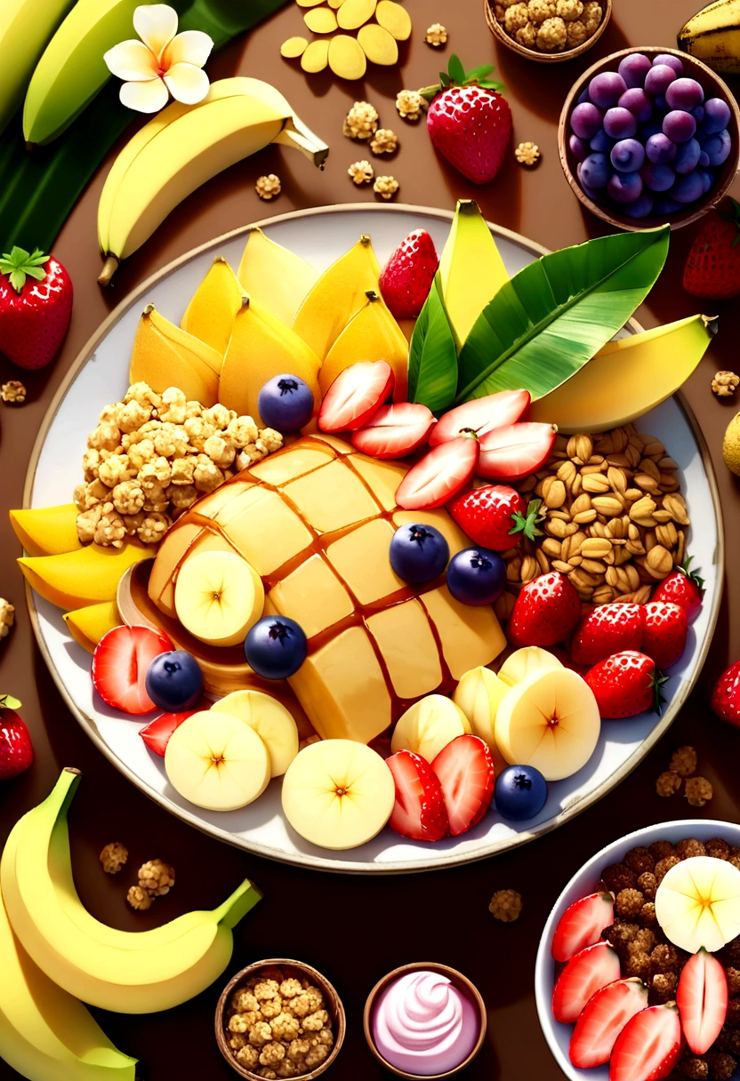 Focus on Acai Bowl、Vibrant digital illustrations of traditional landscapes from the state of Pará。, Popular dishes in northern Brazil. Illustrations must be in a semi-realistic or 3D style. Creamy Acai Berry. Surrounded by a variety of fruits, banana, strawberry, milti, Granola. Capture the vivid colors and textures of your items