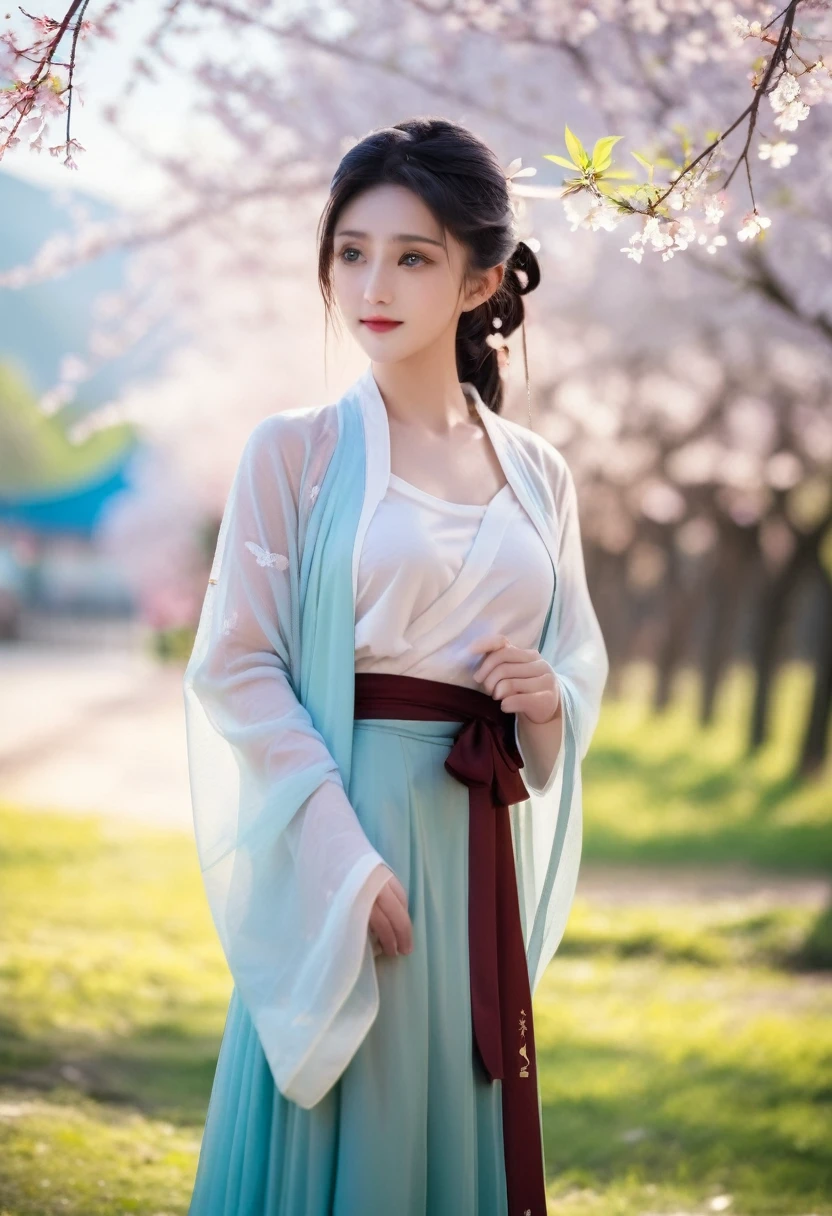 light照片 1girl,Long wrap skirt ,spring. 50 mm photo, light, Bokeh, professional, 4k, Very detailed