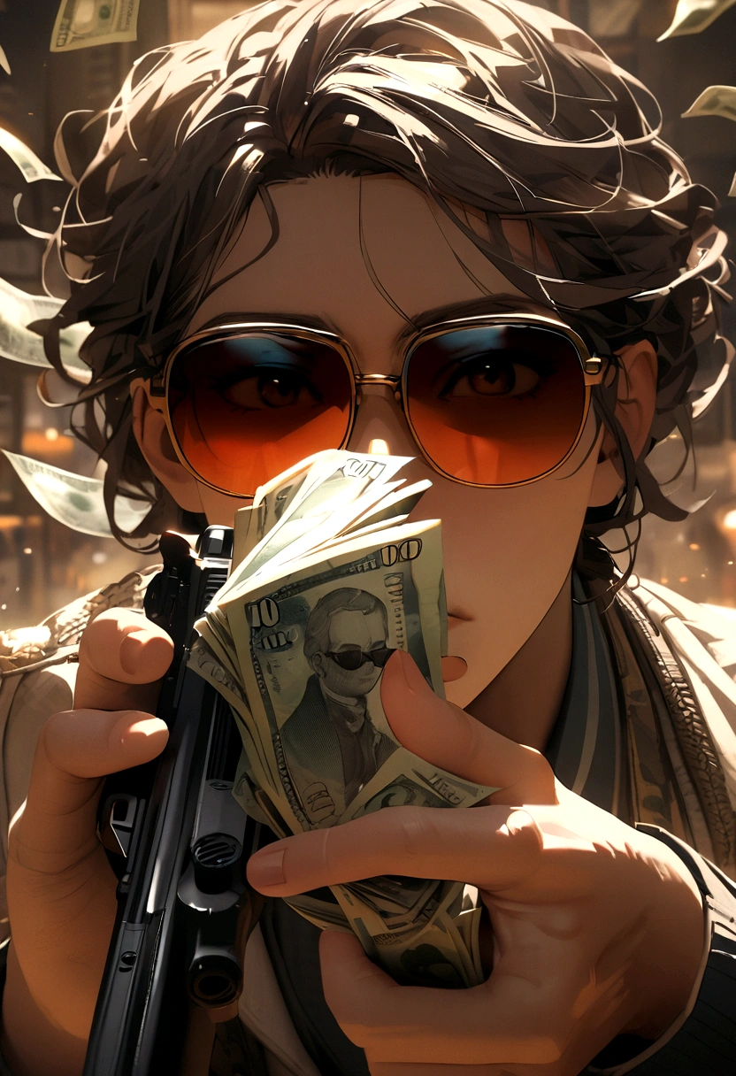 Portrait of a cat with sunglasses and a gun spitting out dollar bills in his hand