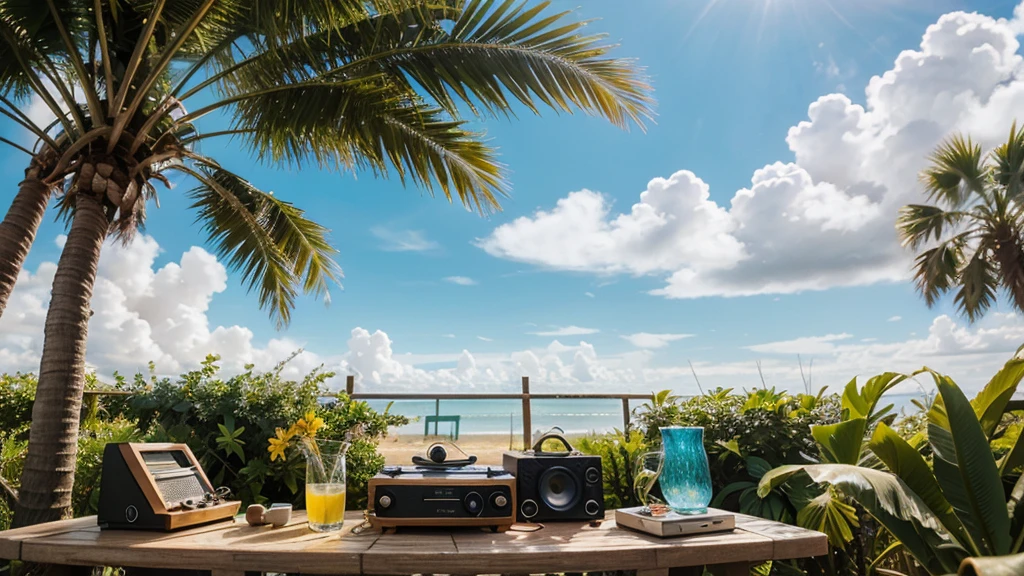 "A realistic 4K image for a lo-fi music video thumbnail with summer vibes. The scene features a relaxed, cozy setup in a sunny outdoor setting, such as a beach or a park. There's a vintage record player on a small table, playing vinyl records, surrounded by elements like a glass of lemonade, sunglasses, and a few scattered books. In the background, there are palm trees, a clear blue sky, and soft, golden sunlight casting a warm glow over everything. The overall atmosphere is calm and inviting, capturing the essence of a chill summer day perfect for listening to lo-fi music."