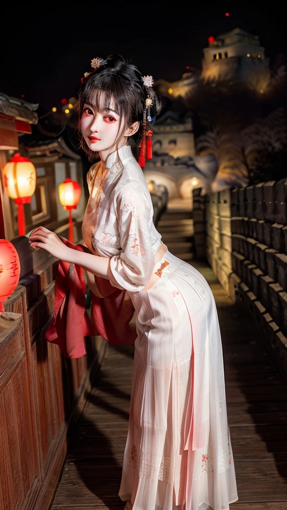 Chinese Theme, raw color photo, Medium shot, Practical, 1 Girl, A 21-year-old girl, On the Great Wall, Hanfu, best quality, delicate eyes, Beautiful and symmetrical face, slim, Detailed buttocks, breast,  innocent expression,  photoPractical, light, at night, Dynamic_color_scope，
露出中等的breast，Showing moderate cleavage，浅绿色的short hair，short hair，short hair，Red eyes，