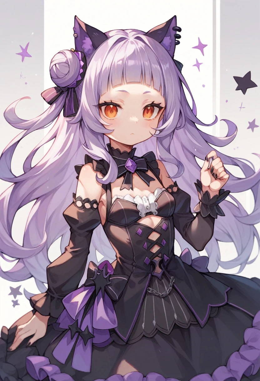 virtual youtuber, murasaki shion, loli, orange eyes, forehead, blunt bangs, small breast, sidelock, black cat ear, single side right bun, light white purple hair, blown hair, long hair, wearing gothic lolita