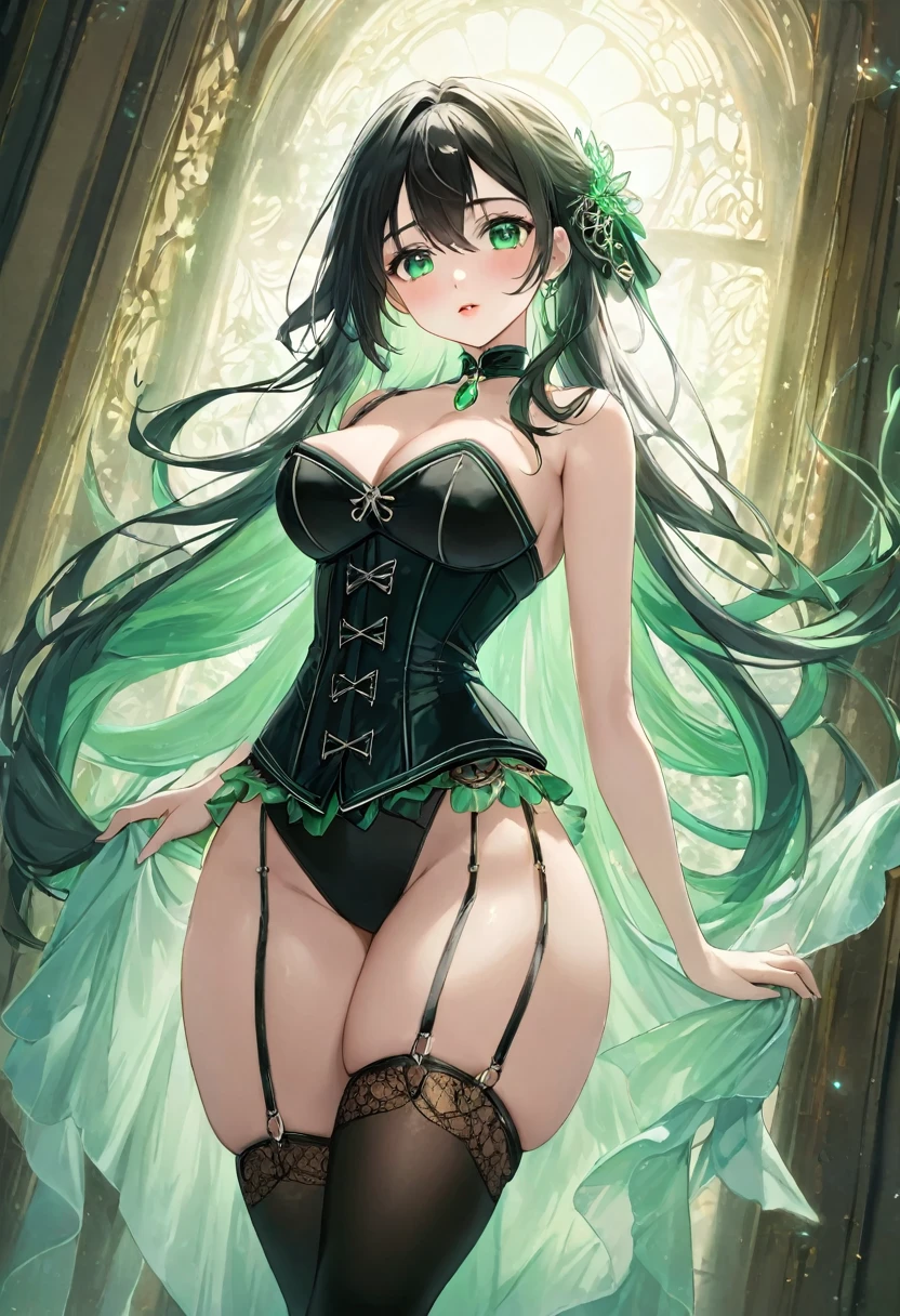 A stunningly beautiful anime girl with long, flowing raven hair cascading down her back, framing her delicate features perfectly. She has large, expressive eyes that seem to captivate the viewer, and a pair of luscious lips that are often curved into a gentle smile. Her porcelain skin glows softly, emphasizing her high cheekbones and alabaster complexion. She stands tall and proud, her slender yet curvaceous figure on full display in a form-fitting black corset. The corset is adorned with intricate lacing and silver clasps that draw attention to her voluptuous and narrow waist, accentuating her hourglass figure. Her attire continues with a pair of black thigh-high stockings and a matching miniskirt that hugs her hips and shows off her toned legs. The background is a soft, dreamlike blur of pastel colors, adding to the ethereal beauty of the scene. The girl seems to be lost in thought, her emerald green eyes gazing off into the distance, as if lost in a world of her own. The image exudes an aura of innocence and allure,