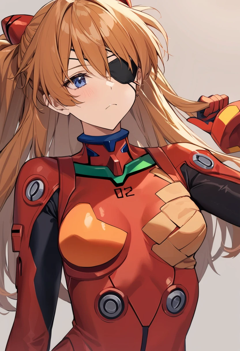 best quality, masterpiece, bodysuit, evangelion:_3.0_you_can_(not)_redo, (eyepatch), white_background, looking_away, 1girl, rebuild_of_evangelion, hair_ornament, red_bodysuit, solo, closed_mouth, neon_genesis_evangelion, souryuu_asuka_langley, simple_background, covered_collarbone, two_side_up, plugsuit, upper_body