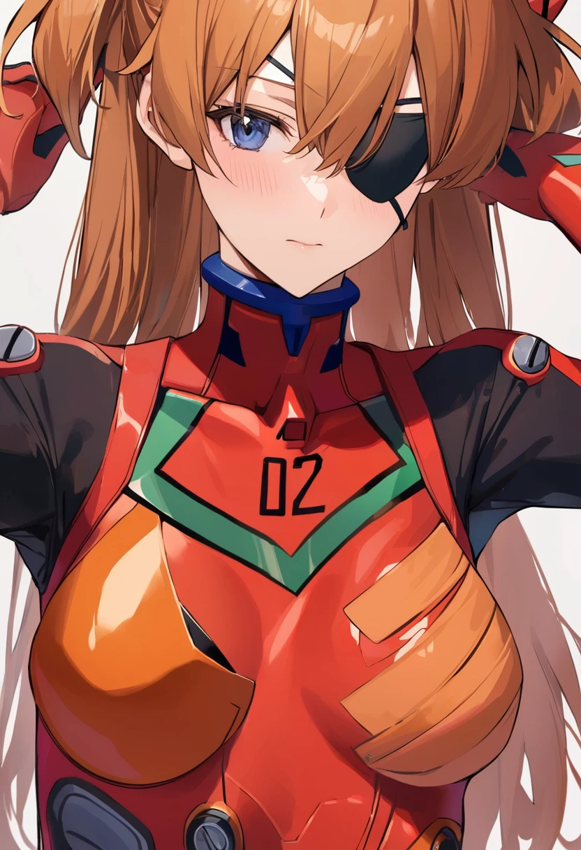 best quality, masterpiece, bodysuit, evangelion:_3.0_you_can_(not)_redo, (eyepatch), white_background, looking_away, 1girl, rebuild_of_evangelion, hair_ornament, red_bodysuit, solo, closed_mouth, neon_genesis_evangelion, souryuu_asuka_langley, simple_background, covered_collarbone, two_side_up, plugsuit, upper_body