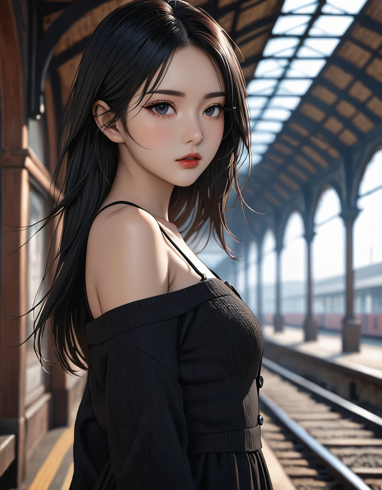 a girl,cute and pretty face,Long straight black hair,Long bangs covering eyes,long eyelashes,(Fine eyes),small eyes,(half-closed eyes),(Dark lipstick),(Dark eyeshadow),Slim body,Slender limbs,Black spaghetti strap dress,Dark knitted buttoned oversized long sleeve jacket,Inside an old railway station,Look into the distance,Depth of Field,Ultra-detailed faces,very beautiful face,Extremely high quality skin,Rich textured skin,RAW photo,Realism anime,