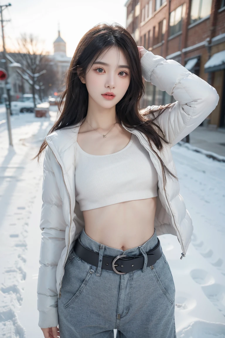 girl in winter scene, Short belly down jacket, Exposed lower abdomen,Low-rise pants, Metal belt, Seven-point lens, The abdomen is completely exposed, Detailed facial features, beautiful eyes, Lips, and long eyelashes, Reality, 8K, Very detailed, Studio Lighting, Dramatic Lighting, Vibrant colors, work, Cold winter atmosphere
