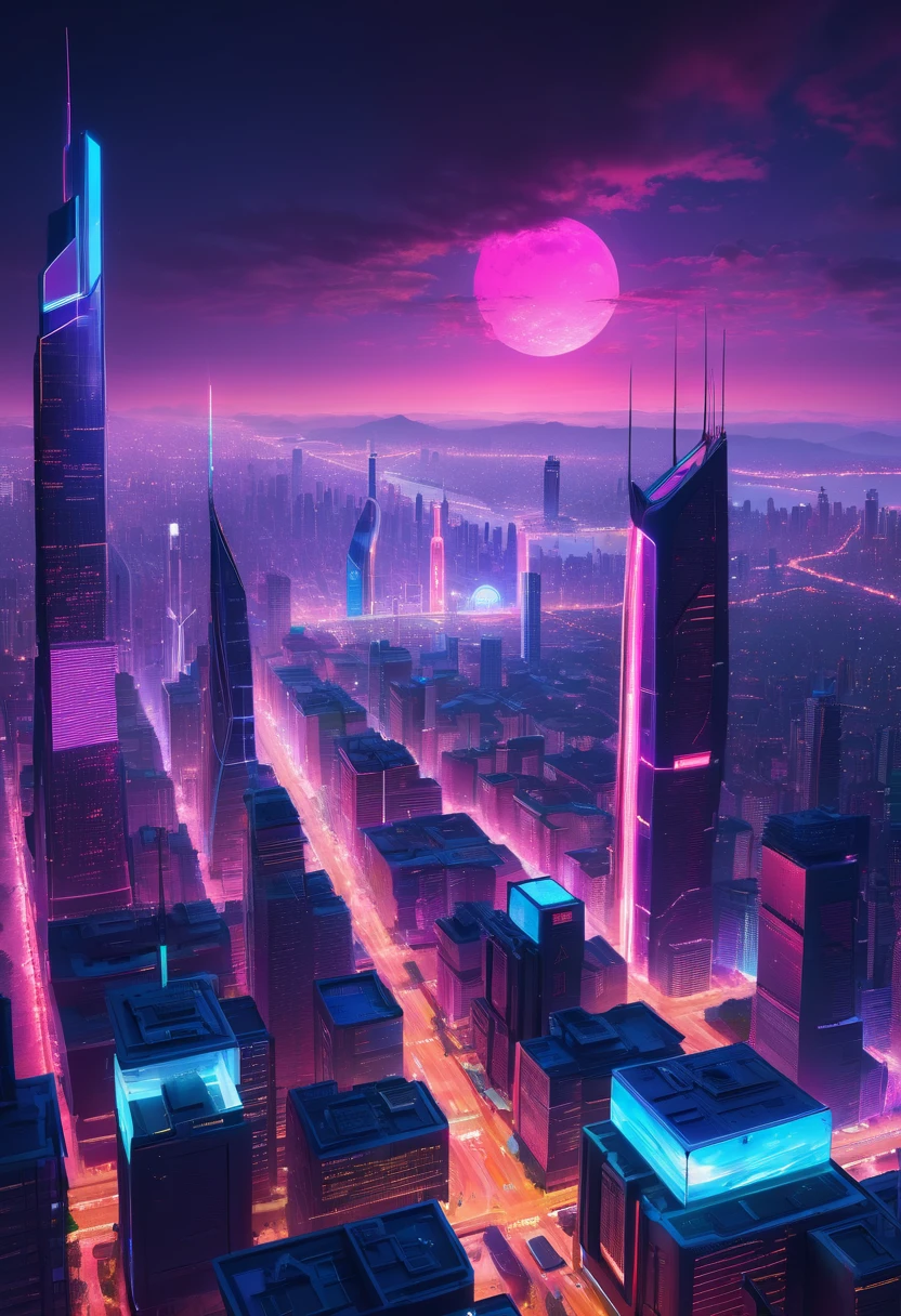 vast network metropolis. neon light,Built-in LED light. A mix of ancient legends and visions of the future., Great location，Has a city view, (充满活力的neon light:1.5), (digital painting:1.25), (4K:1.2). environment: Panoramic view of the city，horizon."