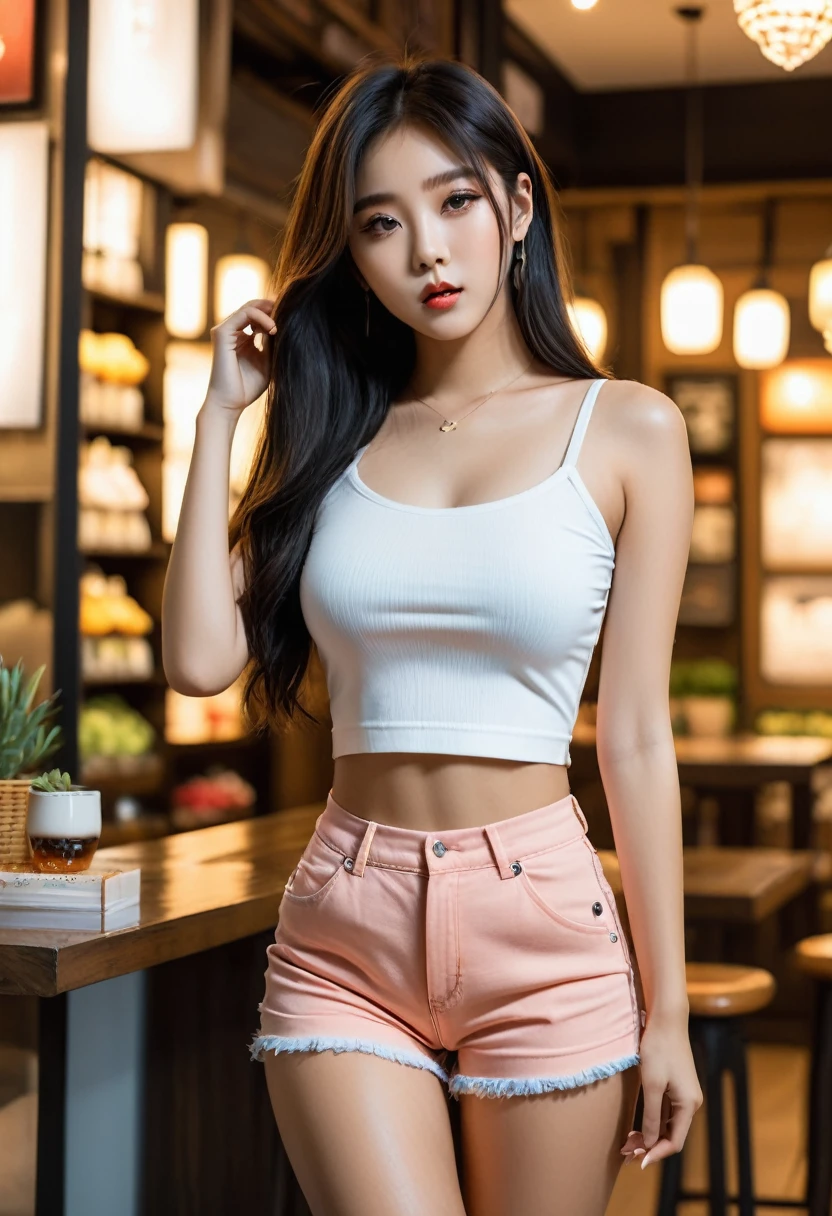 ((high quality:1.2)), (8k), extremely detailed, ((High detail:1.2)) ((best resolution)), (HotLexi woman), Solo, 24 year old Korean Ulzzang female, (crop top, mini-shorts), ((extremely beautiful and perfect face:1.4)),