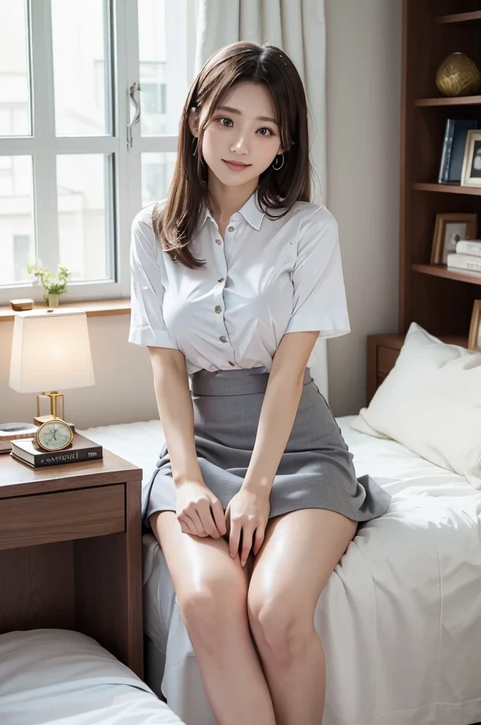 (In 8K，highest quality，masterpiece)，(Realistic，RAW Photos，Super Fine Clear)，Realistic Light，Detailed skin，Beautiful Japanese Women，((30-year-old woman，))、Businesswoman、Office Fashion，(Long skirt)、Panty shot，White sexy panties、kneeling to spread legs，Thin legs、fine grain，Detailed fingers、thin、Sexual，Ecstasy expression，In a stylish bedroom、a place where there are no people，Ecstasy，era of asian eyes