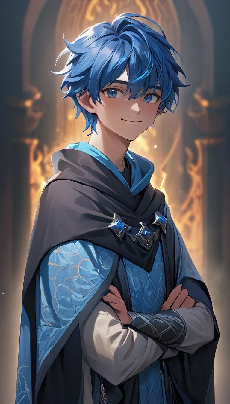 a 20 year old boy smiling with crossed arms,mage's robe,looking straight,blue hair,(best quality,4k,8k,highres,masterpiece:1.2),ultra-detailed,(realistic,photorealistic,photo-realistic:1.37),cinematic lighting,epic fantasy,dramatic scene,volumetric fog,intricate details,dramatic shadows,vibrant colors rosto serio bravo