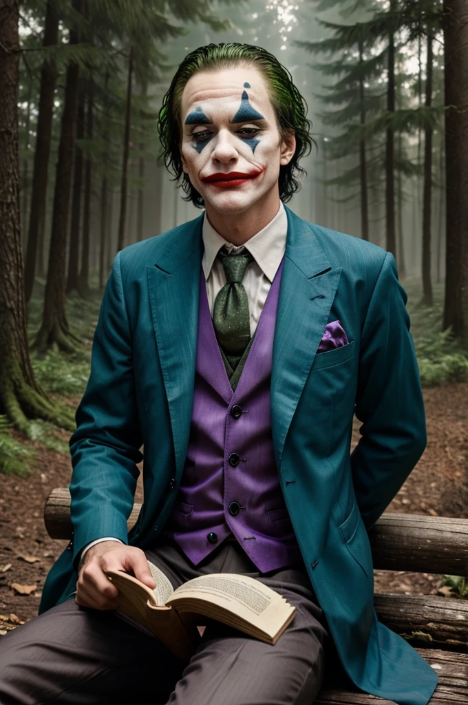 A joker amidst of a forest reading books and listening to music where it is raining