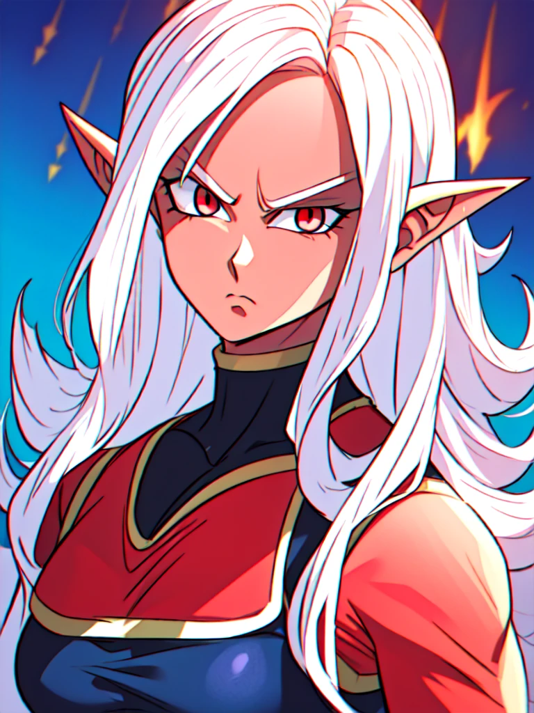 ((red skin)), ((in the artstyle of Dragon Ball Z), ((long ears)), ((curvy body)), ((long hair)), ((white hair)), ((red eyes)), ((serious expression)), (demonic clothing)), ((demon woman)), ((complementary colors)), ((mature female)), 1girl, beautifully drawn, high resolution illustration, best quality, High definition, ((detailed anime sketch)), Masterpiece, (solo), absurdres, portrait, ((upper body)), detailed background, fine detail, female focus, HDR,
