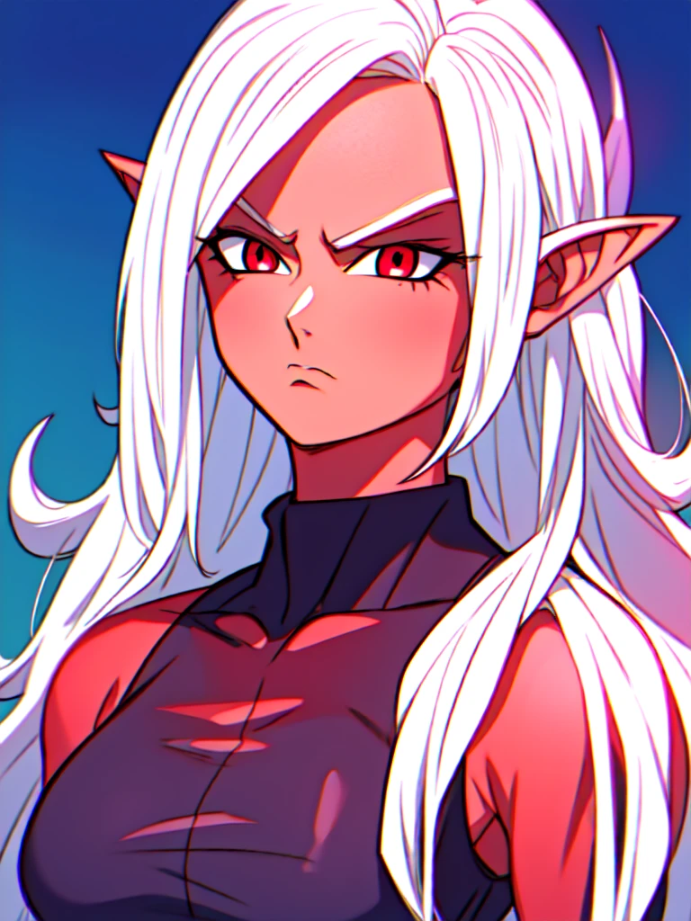 ((red skin)), ((in the artstyle of Dragon Ball Z), ((long ears)), ((curvy body)), ((long hair)), ((white hair)), ((red eyes)), ((serious expression)), (demonic clothing)), ((demon woman)), ((complementary colors)), ((mature female)), 1girl, beautifully drawn, high resolution illustration, best quality, High definition, ((detailed anime sketch)), Masterpiece, (solo), absurdres, portrait, ((upper body)), detailed background, fine detail, female focus, HDR,
