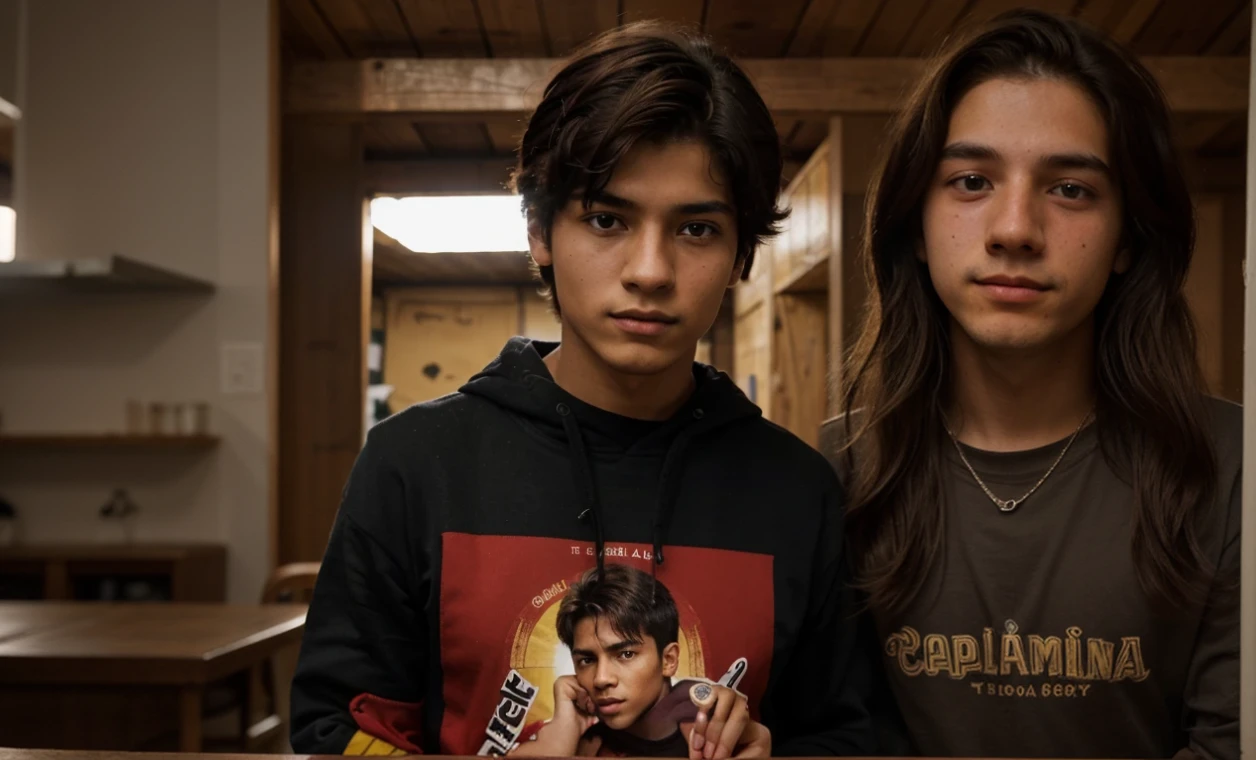 16 year old boy, Usando una sudadera con capucha roja y negra, corto, derecho, y cabello amarillo, ojo derecho color avellana, Ojo izquierdo avellana