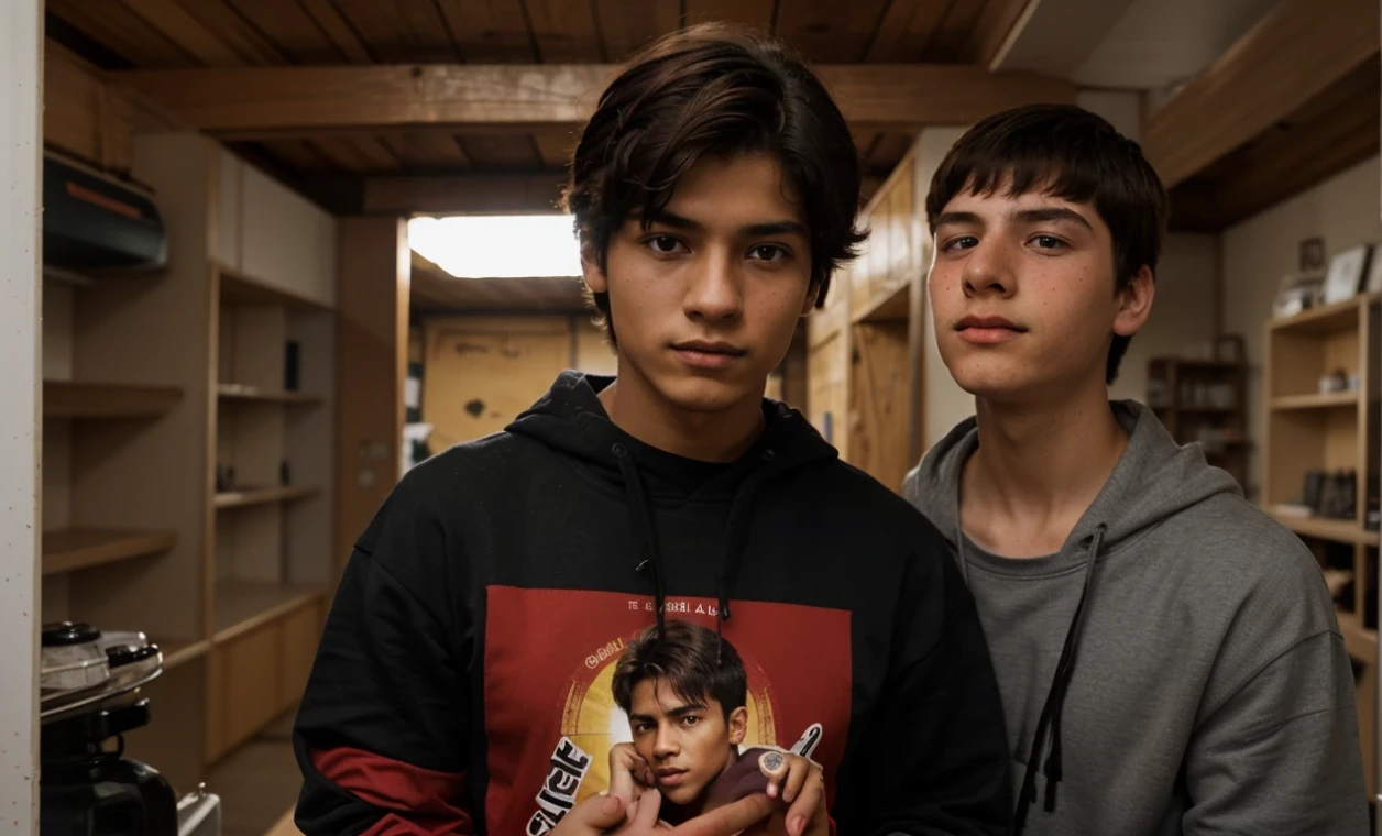 boy, Usando una sudadera con capucha roja y negra, corto, derecho, y cabello amarillo, ojo derecho color avellana, Ojo izquierdo avellana