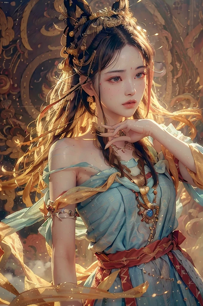 (RAW photo, best quality), (realistic, photo-realistic:1.3),best quality,highly detailed,masterpiece,ultra-detailed,illustration,1girl,upper_body,dynamic angle,world masterpiece theater,messy_long_hair,best quality,extremely detailed CG unity 8k wallpaper,ink,Amazing,cinematic lighting,lens_flare,,dunhuang_style